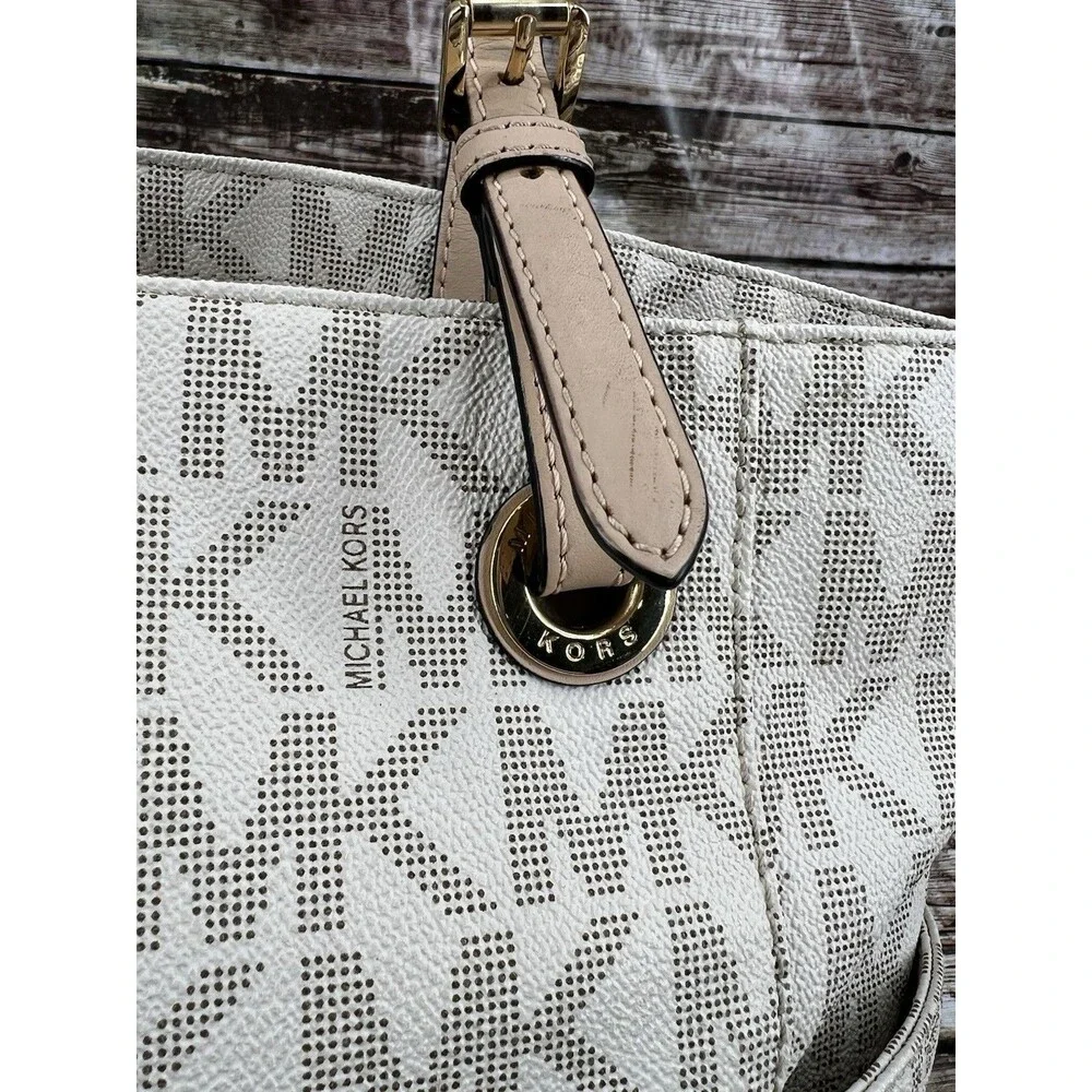 Michael Kors Large Jet Set Monogram Tote Cream & Tan Canvas Leather Shoulder Bag